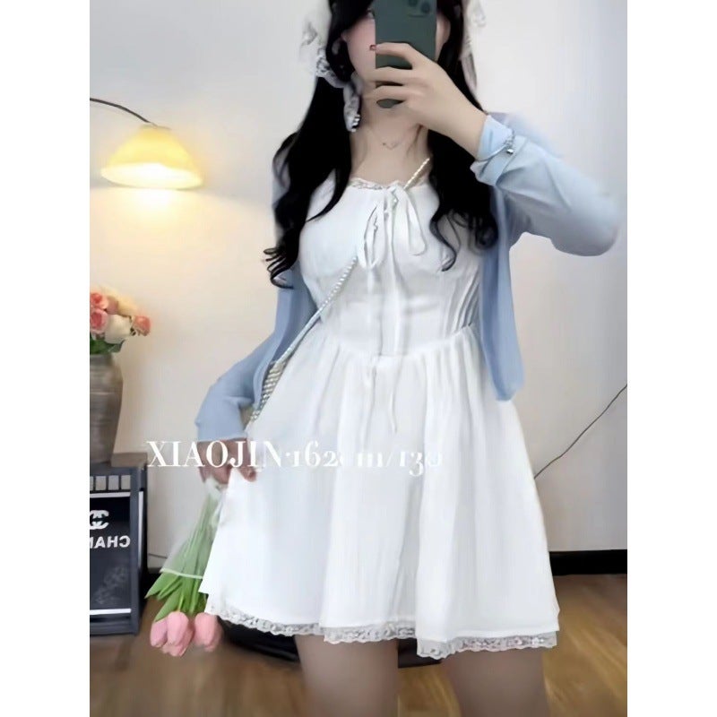 Plus Size Mm Sweet Sling Dress Slimming Cardigan Two-Piece Set A- Shape Lace Stitching Waist Small Fresh Suit - Image 5